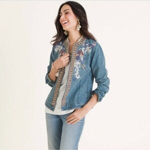 Chico’s Embroidered Denim Jacket Boho Folk Open Front Size 4/6